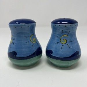K.I.C. Brushes Blue Green Stonemite Handpainted Salt & Pepper Shakers